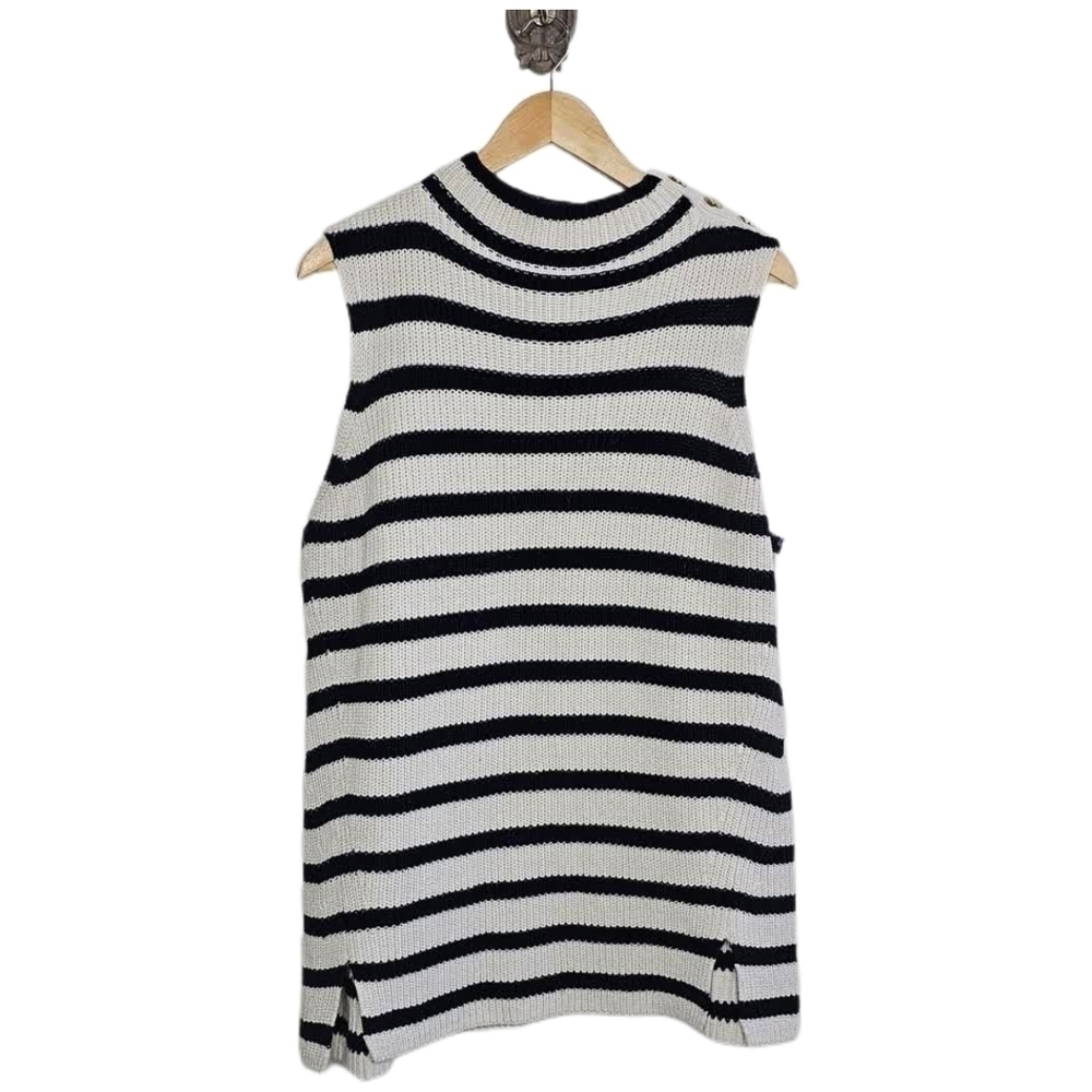 Loft Stripe Funnel Neck Navy And White Knit Sleeveless Sweater Top